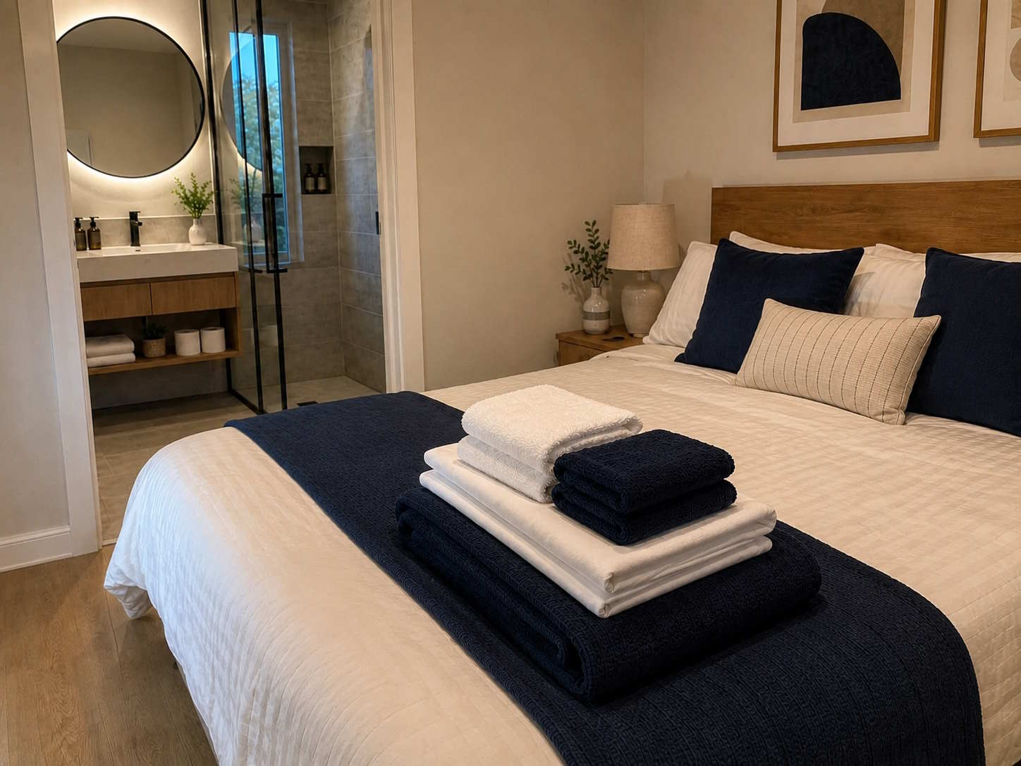Draps et serviettes prêts pour la préparation des couchages.