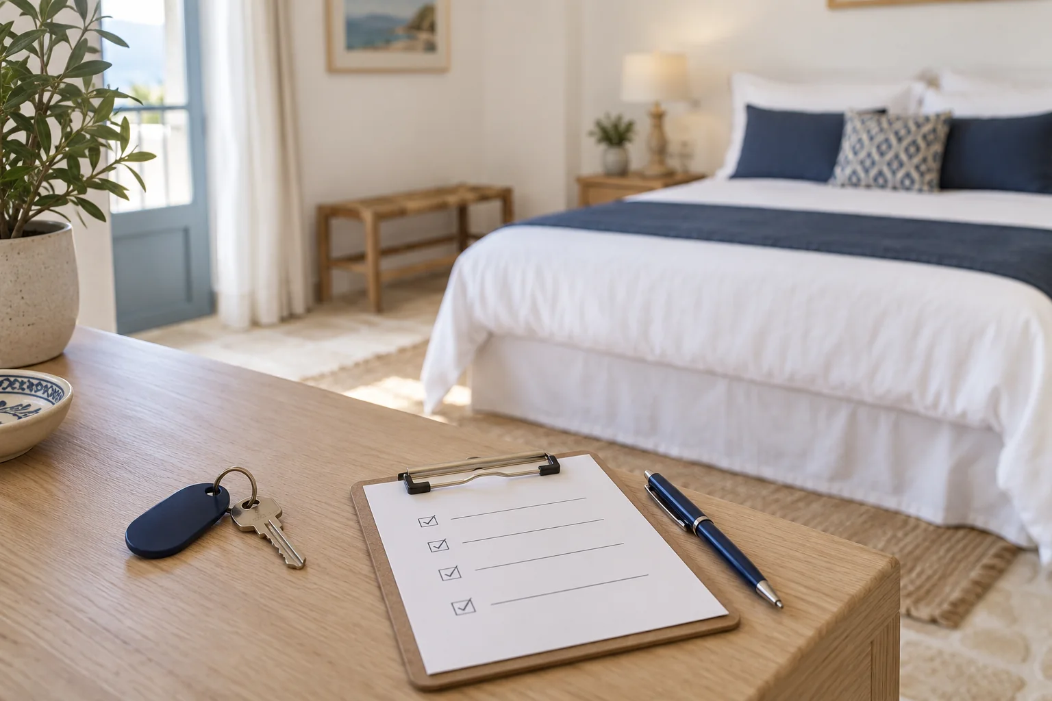 Fiche de contrôle et clé devant un lit préparé.